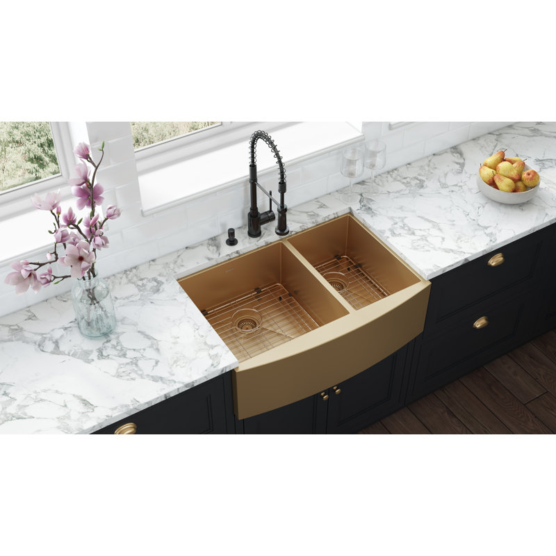 Ruvati 33-inch Stainless Steel 60/40 Double Bowl Apron-Front Farmhouse Kitchen Sink, Gold