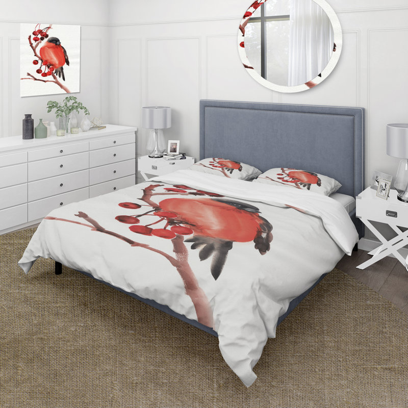 Bouvreuil rouge sur une branche avec des baies - ensemble de housse de couette traditionnel - microfibre de polyester