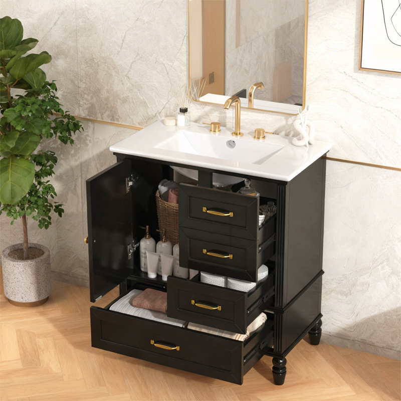 Armoire de salle de bain avec une porte et trois tiroirs, Noir