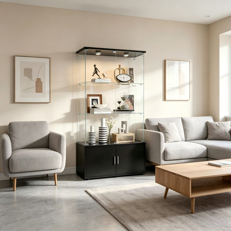 Double-Door, Four-Layer Tempered Glass Storage Cabinet, Black With Remote Control Light, Adjustable Legs, Multi-Purpose Living Room Storage Cabinet.