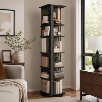 6-Tier 360° Rotating Bookshelf with LED Lights, Tall Narrow Spinning Bookcase Tower, Space-Saving Bookshelf Organizer for Bedroom, Living Room & Home Office, Black