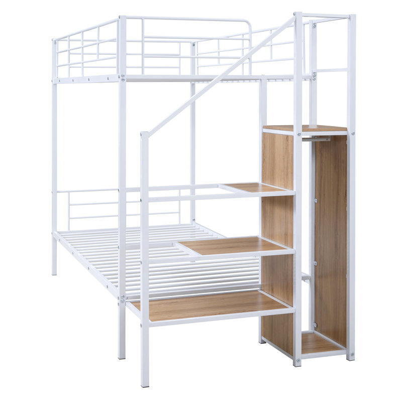 Metal Bunk Bed with Lateral Storage Ladder and Wardrobe, Twin Over Twin, White
