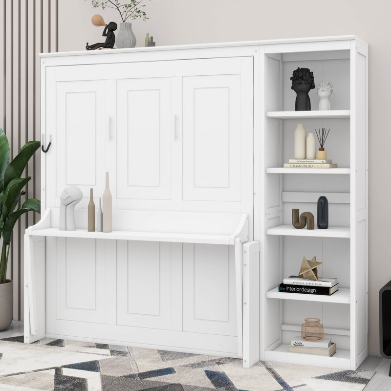 Lit escamotable double avec bureau, lit escamotable en bois avec bureau, Blanc
