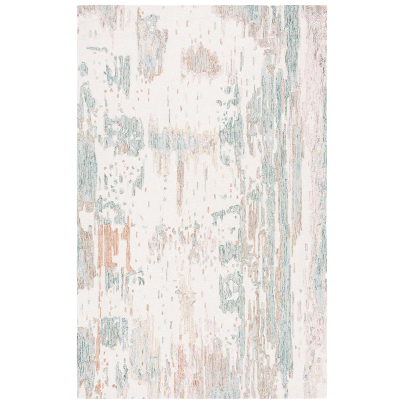Jasten Hand Tufted Wool/Cotton Abstract Rug in Ivory/Green, Runner 2'3" x 9'