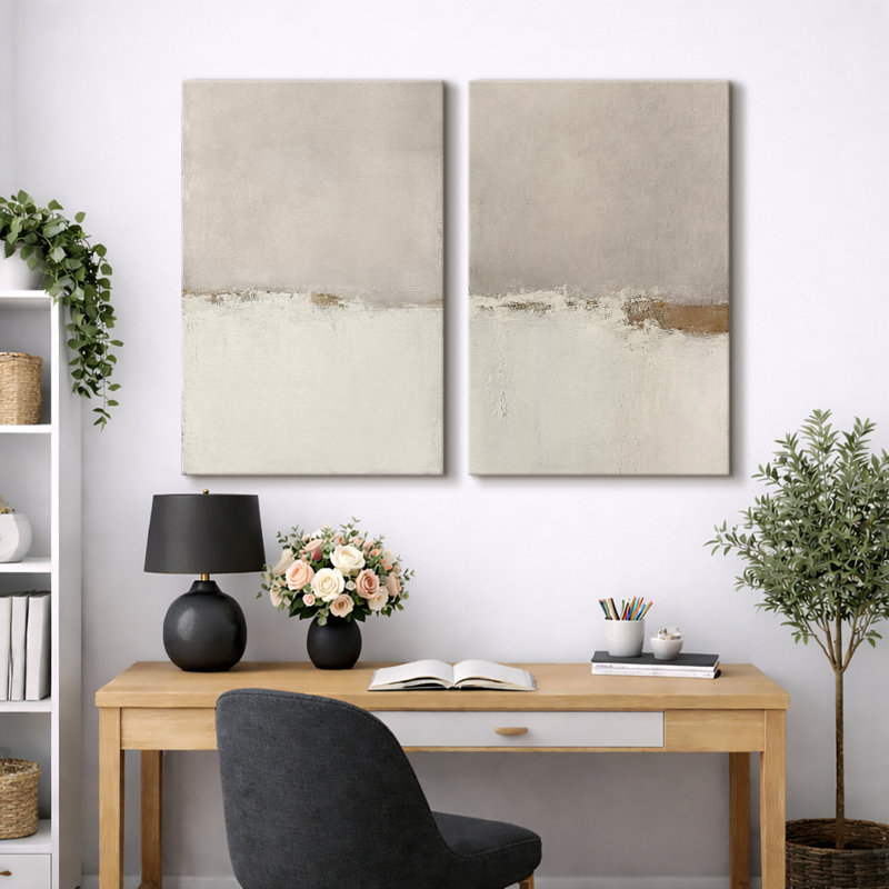 Minimal Landscape "Beige Tan Grunge Abstract Modern Artwork, Simple Minimalist Neutral Wall Pictures, Framed Canvas Giclee Print 2 Pieces Wall Art"
