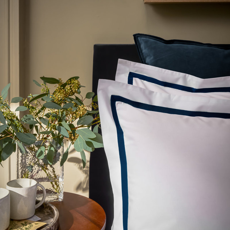 Beaumont Luxury Cotton Percale Pillowcase Pair, White/Navy, King Pillowcase