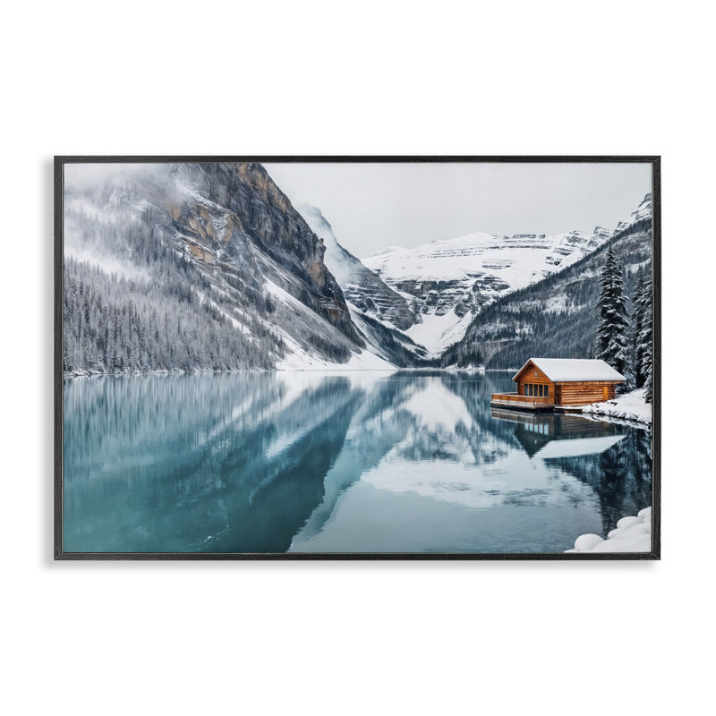 Hiver, chalet sur lac Icy, estampe numérique, design par Lazar Studio, H 12 po x l 18 po, Giclée encadrée noir minuit