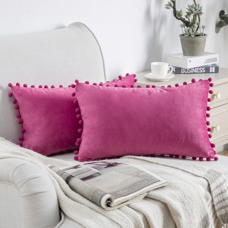 Housse de coussin Silky Velvet Series Pom-poms, Rose, Housse de coussin, Rectangle H 12 po x l 20 po