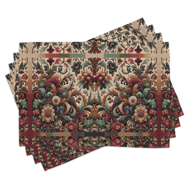 Ruby Green and Camel Floral Table Runner and Placemat Set