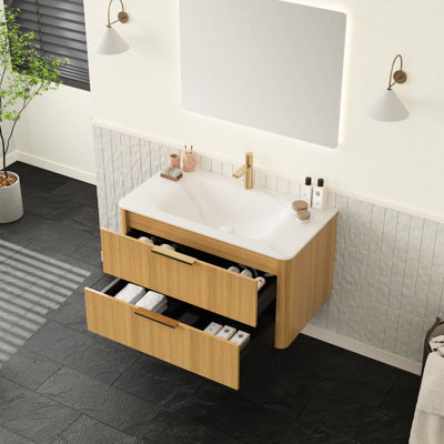 Meuble-lavabo de 36 po avec pierre frittée blanche, armoire de tiroir flottante en contreplaqué, fonctionnement en douceur, meuble-lavabo intégré à haute pression en pierre à finition chaude, contreplaqué, tiroir à fermeture en douceur,