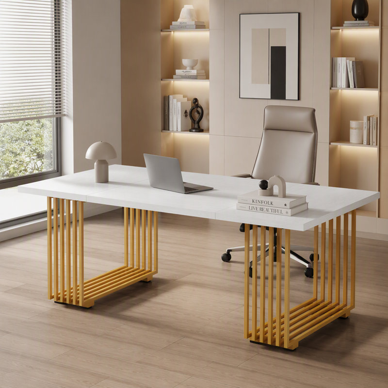 Bureau de direction moderne de 70,9 po, grand bureau d'ordinateur blanc avec pieds en métal doré, bureau en bois pour bureau à domicile, bureau d'écriture, bureau ou table de réunion pour 6 à 8 personnes