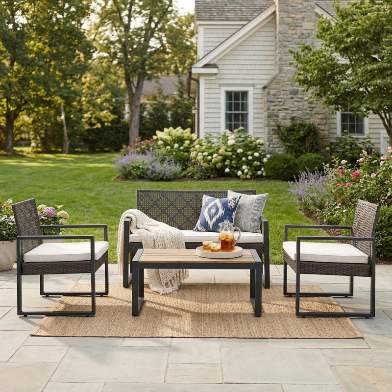 Ensemble de conversation d'extérieur 4 pièces avec coussins amovibles, ensemble de conversation pour patio avec plateau en bois pour la cour, près de la piscine