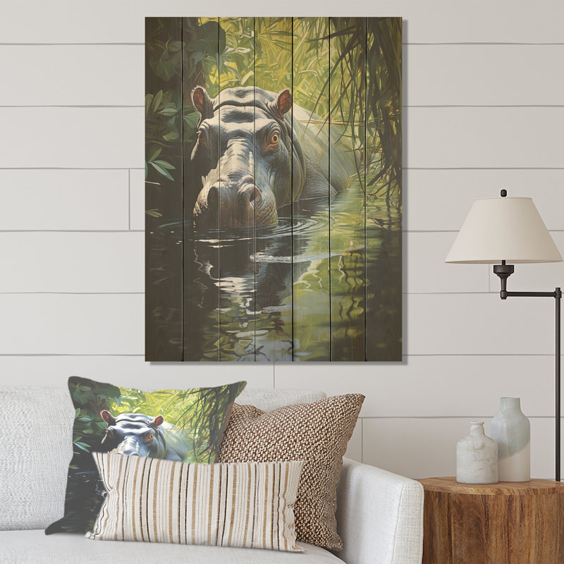 Hippopotame secret d'Hippopotame III - Hippopotame sur bois, H 44 po x l 34 po