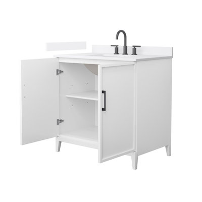 Meuble-lavabo simple 36 po Elan en blanc, comptoir en marbre de culture blanc, lavabo carré encastré (3 trous), garniture noir mat