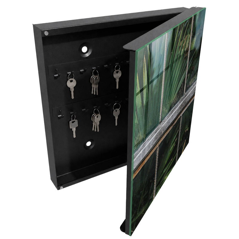 Key box for home, Opens to the right, 30x30x5, Black, Green leaves behind the glass, picturesque wood, 