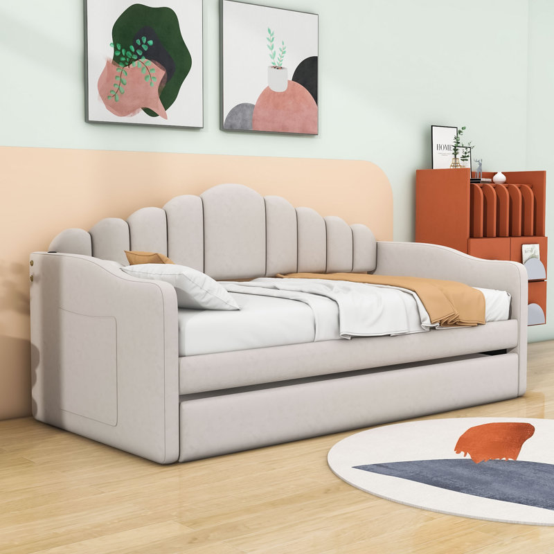 Lit de jour simple en velours avec couchette et station de charge USB, Beige