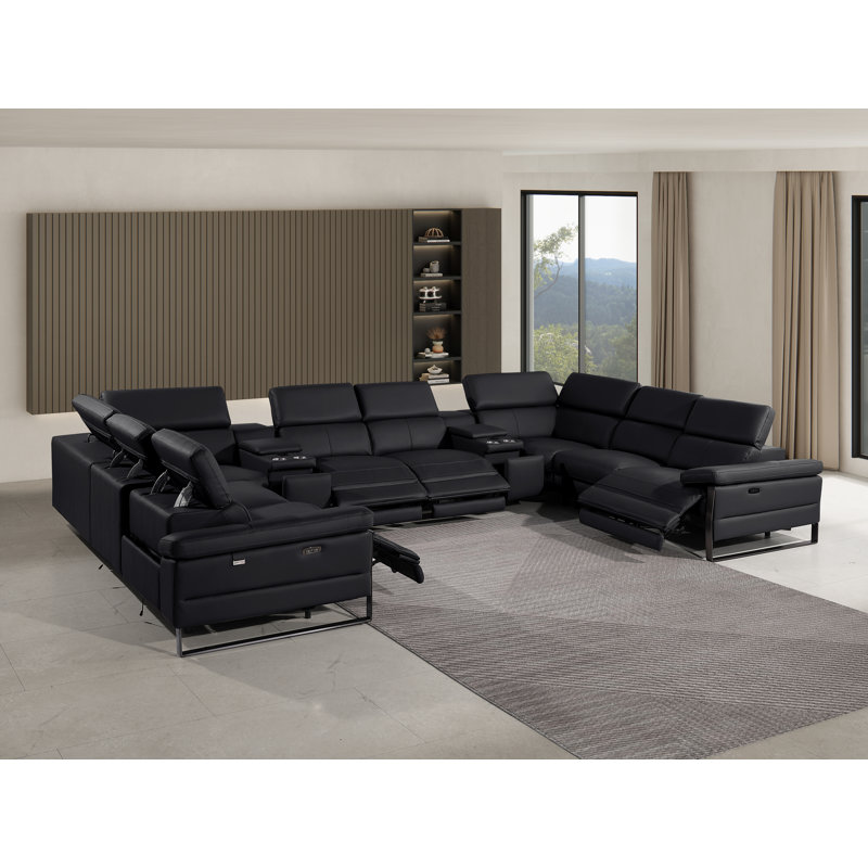 Top Grain Italian Leather 10-Piece U-Shaped Modular Power Reclining Sectional With 4 Power Recliners & Power Headrests