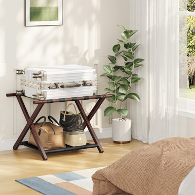 Porte-bagages pliant en bambou avec tablette de rangement en tissu