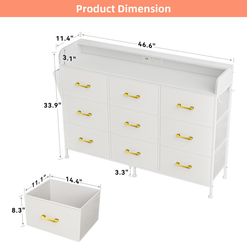 White Dresser for Bedroom with LED Light Charging Station, 9-Drawer Storage Organizer TV Stand White