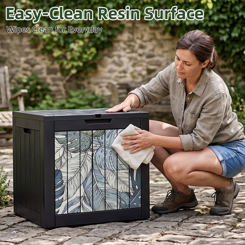 35 Gallon Black Decorative Print Resin Deck Box with Decorative Printed Panels