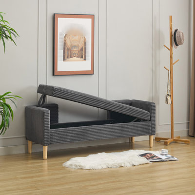 Corduroy Upholstered 65.35" Wide Flip - Top Storage Bed Bench With , 2 Bolster Pillows, And Wood Legs, For End Of Living Room, Charcoal Rubber Bedroom