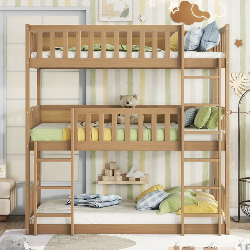 Full Over Full Bunk Bed with Twin Trundle, Solid Rubber Wood, Ladder & Guardrails, Convertible to 2 Full Beds, Black