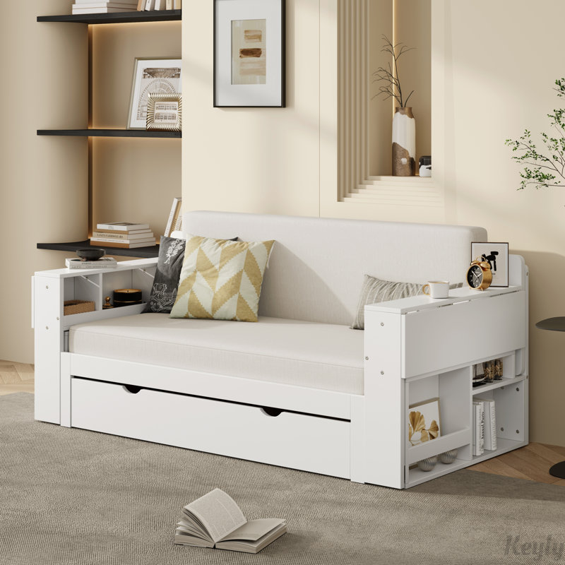 Versatile Daybed with Removable Desk, Storage Drawers, and Hydraulic Side Table for Modern Living, White, Full / Double