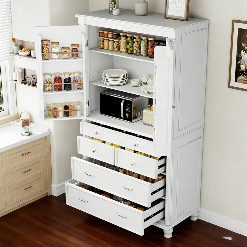 Freestanding Large Kitchen Pantry , 43.3X20x77.3Inch Tall Storage Cabinet Cupboard With 6 Door Shelves, 2 Adjustable Shelves And 5 Drawers