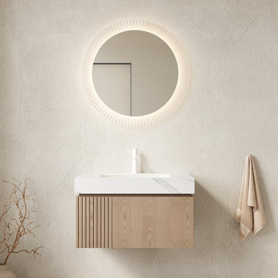 Meuble-lavabo de 30 po avec lavabo, comptoir en pierre frittée blanche, armoire de rangement en contreplaqué flottant avec tiroir et porte, cuve en céramique avec 1 trou pré-percé pour robinet, assemblé assemblé,