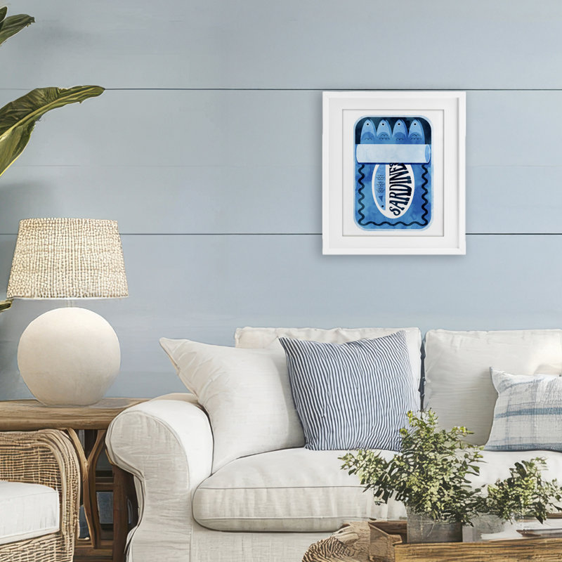Reproduction sous verre rétro encadrée de sardine bleue par Daphne Polselli, H 16 po x l 13 po, Cadre blanc côtier