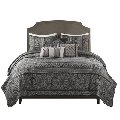 Grey 6 - Piece Full/Queen Quilt , 3 Throw Pillows, , Machine Washable In Grey, Material, Leaf Striping, ,