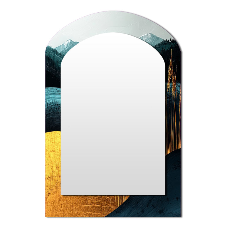 Quiet Bold Mountain In Emerald Gold Harmony IV - Mountains Arch Large Mirror, Traditional Asymmetrical Unique Wall Mirror Decor, Printed Metal Art
