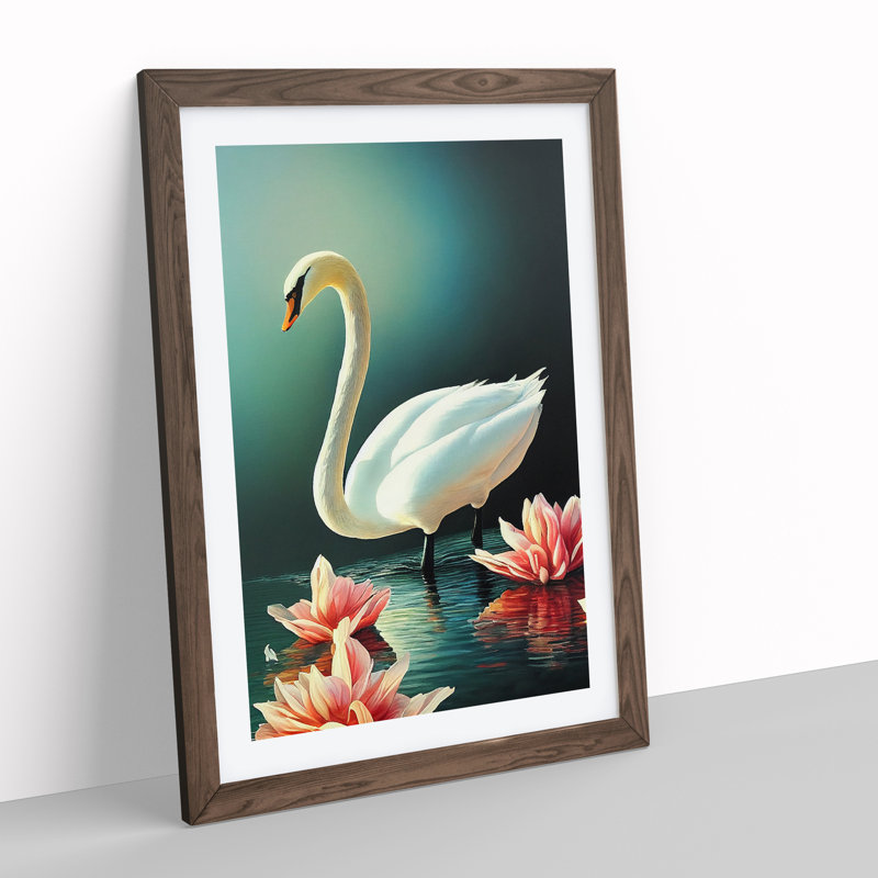 Swan In A Lily Pond - Single Picture Frame Print, 46cm H x 34cm W x 2cm D, Walnut Framed