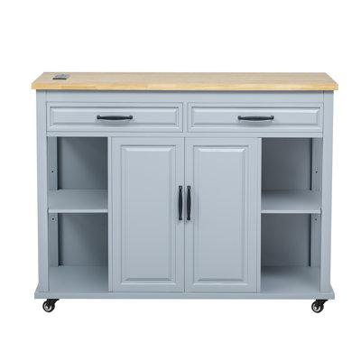 Îlot de cuisine avec table de salle à manger extensible, table de cuisine en placage de bois d'hévéa avec support de rangement interne, prise de courant, îlot de cuisine avec rangement 2 tiroirs et armoire
