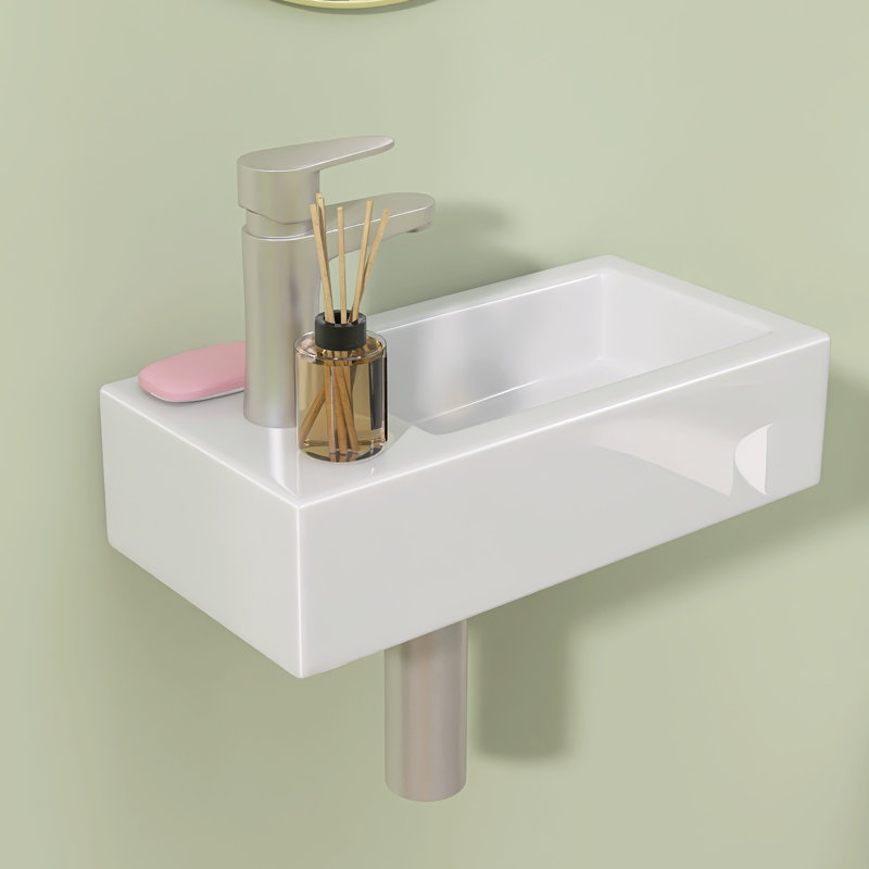 14.56" W X 7.63" D Wall-Mounted Ceramic Bathroom Sink Small Rectangular Wall Hung Sink RV White Floating Vessel Sink with a Left Faucet Hole