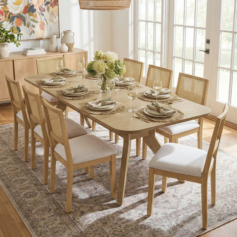  Extendable Dining Set With 8 Rattan Back Chairs