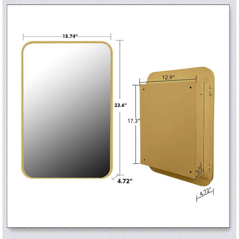 16X24 Inch Recessed Metal Framed Medicine Cabinet With Mirror And Adjustable Shelves Wall Mirror, Golden
