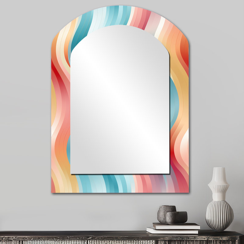 Multicolor Soft Color Wave Striped - Striped Arch Wall Mirror, Modern Asymmetrical Decorative Mirror, Printed Metal Art