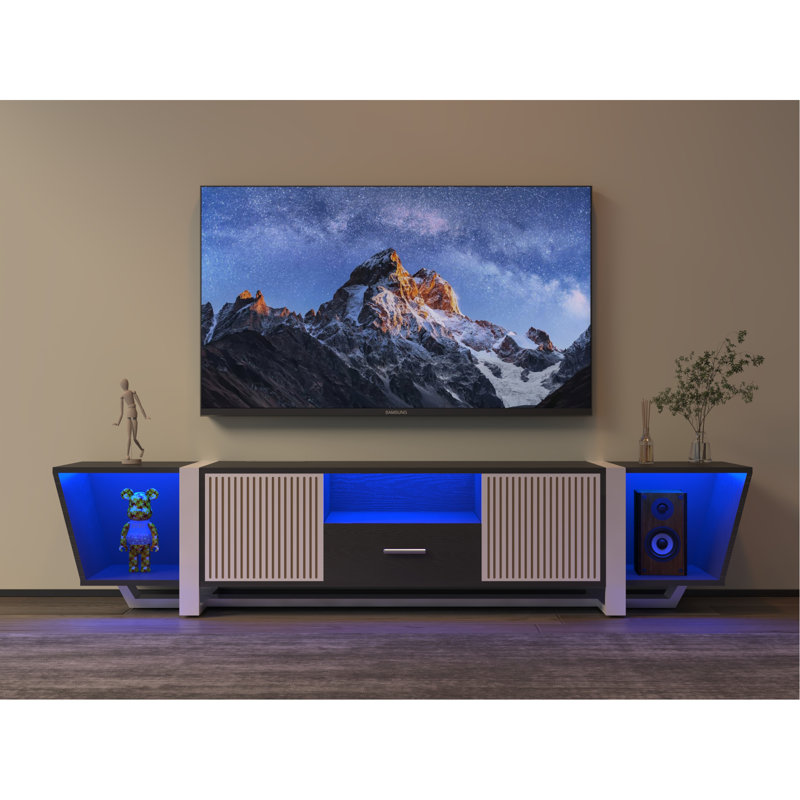 TV Console With Large Storage Cabinets, Biplane Shape Design LED TV Stand With Remote Control, Multiple Modes Changing Lights Modern Entertainment Centre With Power Cord