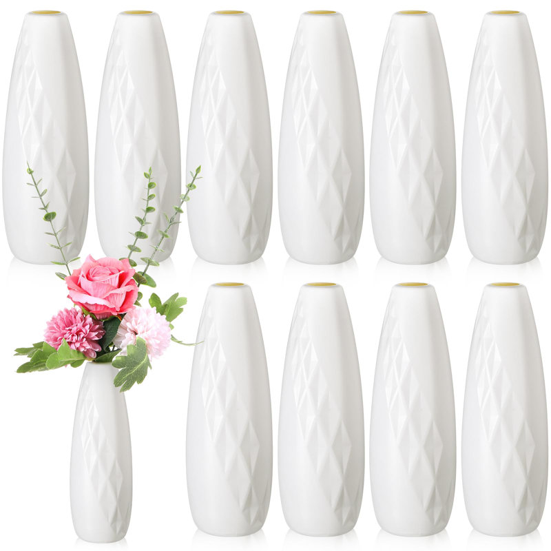 Paquet de 10 vases à fleurs en plastique composite en vrac blanc pour petits grands vases coniques à motif floral pour centre de table