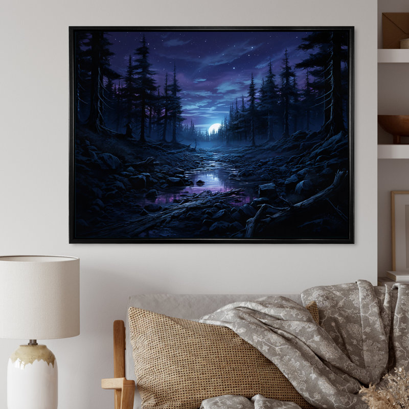 " Pine Tree Moonlit Serenade I ", Black Floater Framed, 16" H x 32" W x 1" D