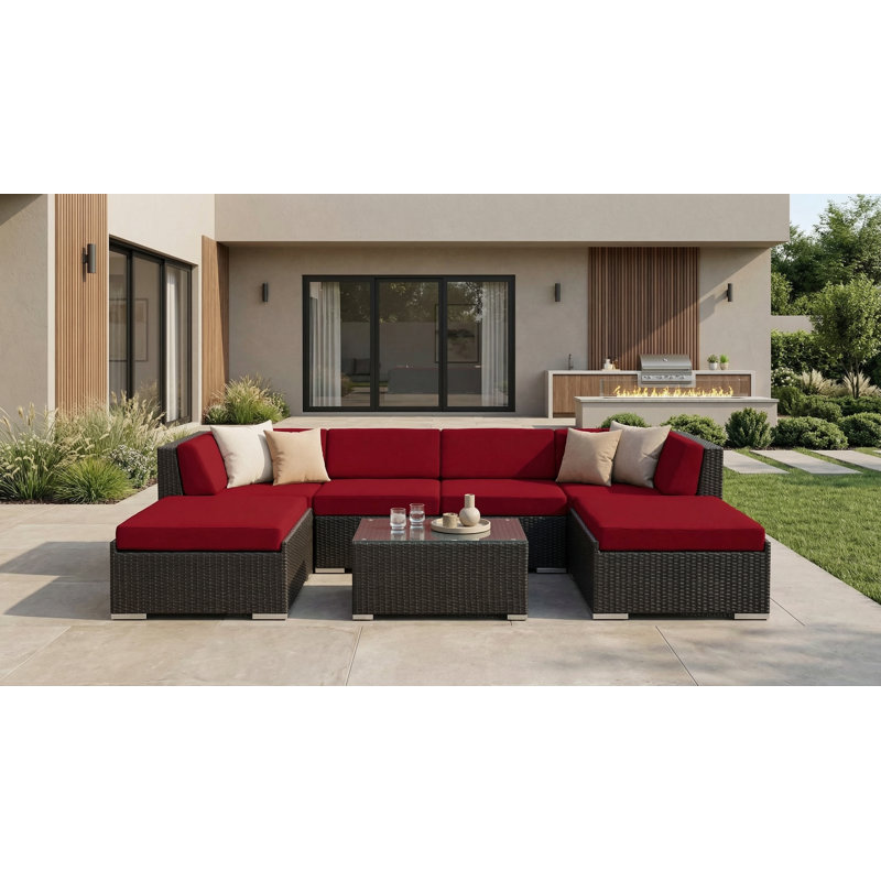 Billyjo Wicker 4 - Person Seating Group with Cushions - No Assembly, Supercrylic Red, Black