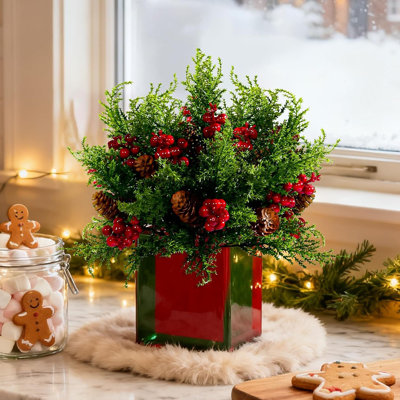 8PCS Artificial Pine Branches With Red Berry Pine Cones Artificial Needles Branches Greenery Stems Fake Greenery Floral Arrangements