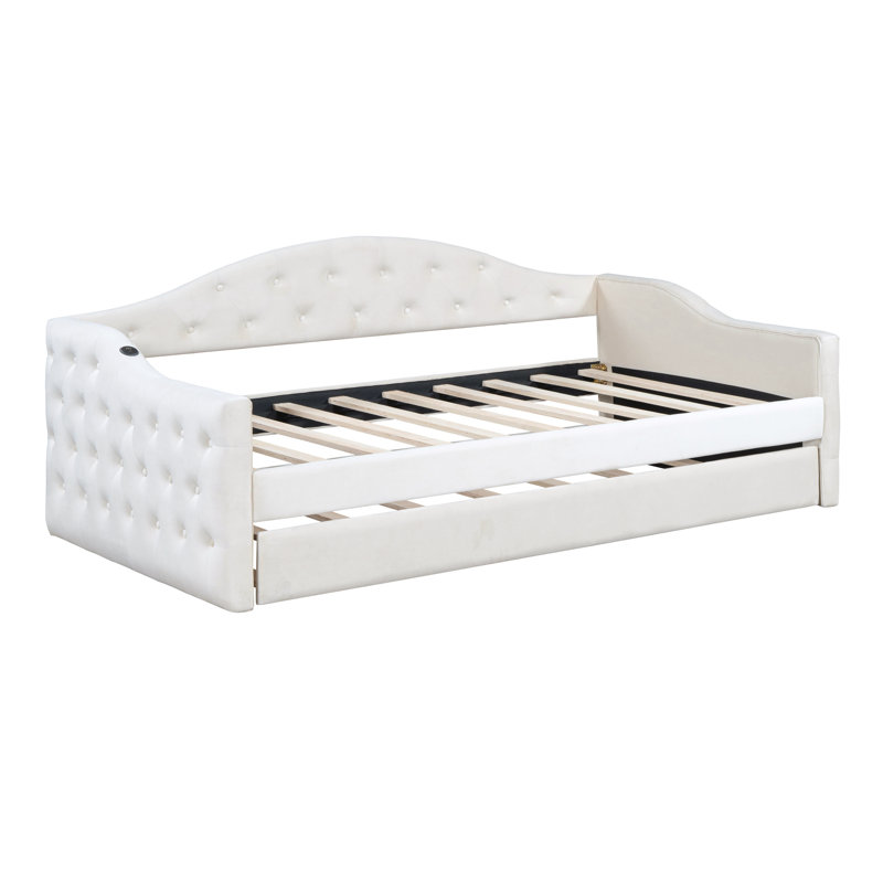  Twin Size Tufted Upholstered Daybed with Trundle, Velvet Sofabed with USB & Type-C Ports, No Box Spring Needed, Grey, Beige