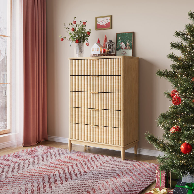  Commode cannelée à 5 tiroirs avec pieds en bois massif, 5 commode, Beige