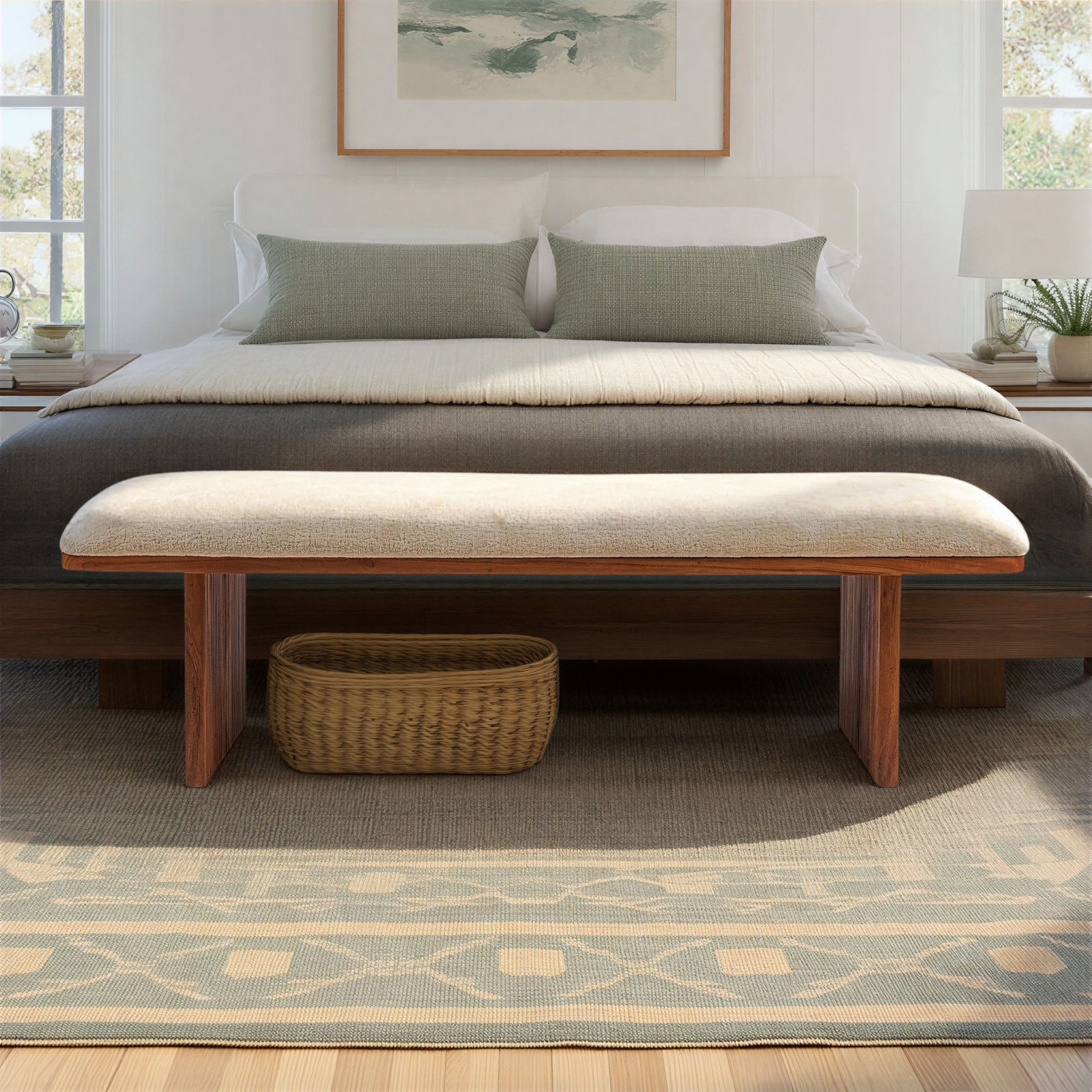 Canal Crushed Velvet and Acacia Wood Bench