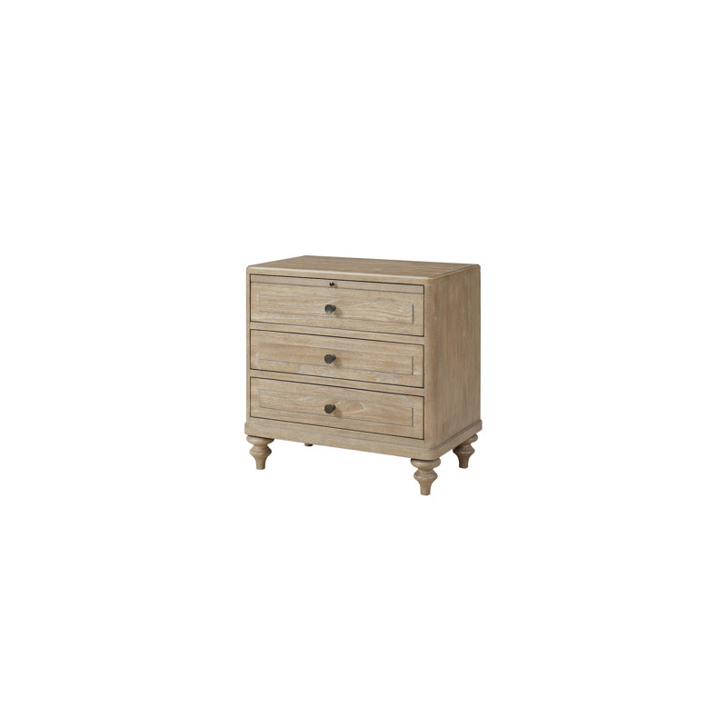Table de chevet Sand 3, bois massif +, tiroir supérieur doublé de feutre, ports de chargement inférieurs A et C, 28,08 po Profondeur, 17,25 de largeur, 28,2 de hauteur, finition sable haut