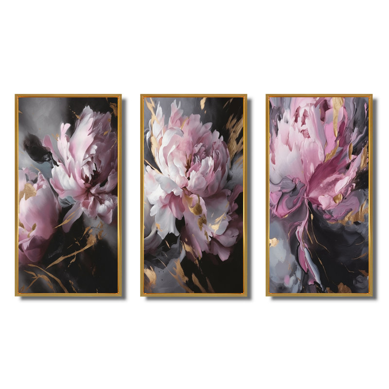 «Harmonious Pink Grey Peony Flower», 3 pièces, Cadre flottant doré, H 28 po x l 36 po