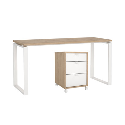 Ensemble de bureau Embrie 2 pièces : caisson mobile à 3 tiroirs et bureau de 150 cm avec pattes en acier, couleur hickory/blanc.