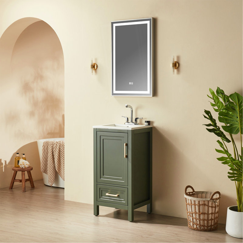 Meuble-lavabo sur pied vert simple entièrement assemblé de 18 po avec plateau en céramique à 3 trous, Vert, Centerset